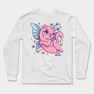 Cute flying kitten chasing colourful butterflies Long Sleeve T-Shirt